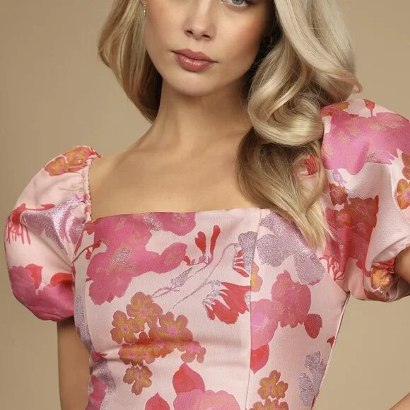 NWT Lulus So Stunning Orange Multi Floral Jacquard Puff Sleeve Mini Dress - Picture 4 of 12